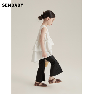 senbaby女童套装夏装儿童时尚，不规则无袖，上衣+黑色丝滑薄喇叭裤