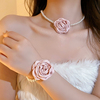 粉色花朵玫瑰花珍珠项链，2024锁骨颈链女夏季耳环脖子配饰
