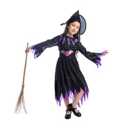 儿童经典女孩万圣节装扮紫色，蝙蝠小女巫裙，游戏服装演出服套装