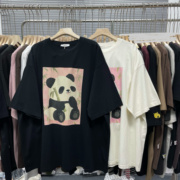 夏季2024卡通熊猫透气印花中长款宽松大版型纯棉短袖圆领T恤女潮