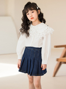 女童2023夏季洋气花边反领衬衫，韩版白色娃娃，领纯棉上衣中大童