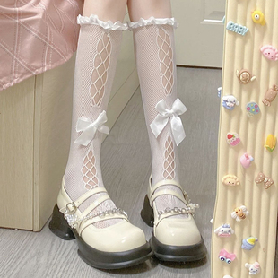 白色蝴蝶结镂空小腿袜女薄款夏季蕾丝花边jk堆堆袜可爱中筒丝袜子