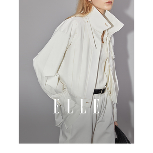 ELLE白色设计感短款立领夹克外套女2024春装通勤风简约上衣