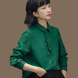2021年小心机气质绿色长袖棉麻衬衫设计感小众衬衣女装上衣