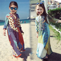 韩国童装女童碎花波西米亚长裙儿童，海边沙滩裙母女亲子裙七分袖潮