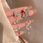 韩国森系蝴蝶耳钉女镶钻流苏耳环长款不对称高级感个性网红耳饰品