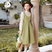 女童假两件连衣裙，2023秋装绿色儿童娃娃，领公主裙女孩格纹裙子