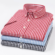 夏季纯棉经典格纹衬衫男短袖红白格子衬衣，潮流韩版半截袖寸衫