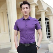 紫色衬衫男夏季短袖冰丝刺绣，半袖雪纺大码胖子，衫衣免烫抗皱衬衣土