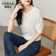 娅丽达镂空短袖针织衫女2023年夏季宽松韩版圆领白色冰丝T恤