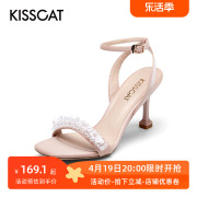 KISSCAT/接吻猫夏季方头露趾羊皮一字扣带细高跟凉鞋女KA21110-11