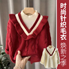 女童新年大红毛衣秋冬半高领假套两件儿童针织衫，花边毛线打底上衣