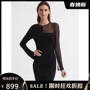 REISS黑色长袖连衣裙针织包臀裙纱网拼接不对称设计优雅气质英伦