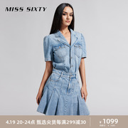 Miss Sixty2024夏季牛仔连衣裙女翻领短袖假两件百褶裙减龄风