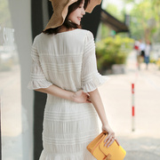 L8122夏季中长裙 商场品牌精致小女人短袖蕾丝白色仙女连衣裙