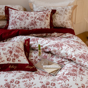 美式印花120支长绒棉，四件套高级感贡缎全棉，结婚红色刺绣床上用品