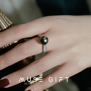 缪斯的礼物大溪地黑色珍珠，开口食指戒指女轻奢，小众设计高级感指环