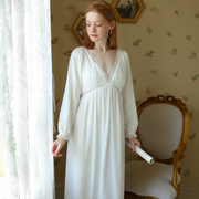 复古宫廷风睡衣女2024春夏，纯棉修身显瘦法式性格长款白色睡裙