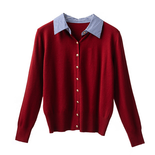 酒红色针织衫假两件小开衫2024春季长袖衬衫领简约上衣女休闲
