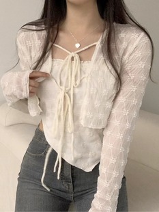 韩国chic夏季减龄杏色针织蕾丝，衫纯欲风倒三角吊带短款罩衫两件套
