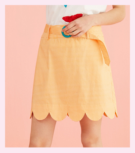 原创设计师波浪裙摆规则印花黄色短裙A形撞色腰带高腰半身裙