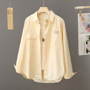 奶黄色衬衫女外套2024春季设计感小众，宽松纯色百搭衬衣开衫潮
