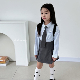 上新▲babywe韩国童装，女童女团风条纹，衬衫领带蕾丝百褶裙套装