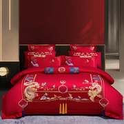 中式刺绣全棉纯棉婚庆，床上四件套大红色龙凤花新结婚喜被床品喜庆