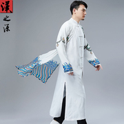 中国风假两件复古雪纺印花棉麻长衫古风青年男装中式汉服唐装长袍