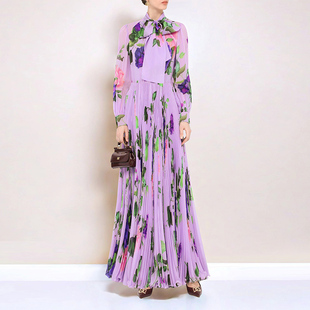 法式小众紫色碎花连衣裙，女长袖花百褶裙显瘦气质裙子印花长裙
