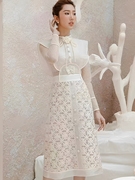 越南设计师夏宫廷风重工蕾丝欧根纱连衣裙气质长袖白色长裙女