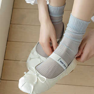芭蕾风袜子女夏季薄款堆堆袜，白色网眼透气棉袜，春秋纯色无骨中筒袜