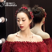 新娘头饰红色敬酒服发饰套装，结婚婚纱礼服，花朵韩式发箍婚礼配饰品