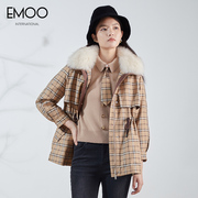 EMOO杨门冬季女格子收腰毛领菱格纹派克服女外套