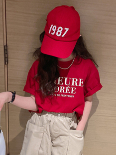 女童短袖t恤夏季韩版洋气，女大童红色，字母打底衫儿童纯棉上衣