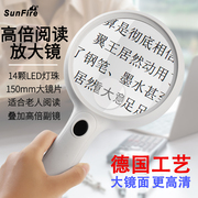 太阳火高清非球面特大光学镜片手持式老年人阅读看书手机专用放大镜高倍带LED灯扩大镜儿童学生探索家电维修