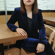 春秋大码金丝绒西装套装女韩版休闲时尚气质英伦风修身西服两件套