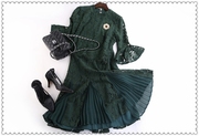 外贸原单欧美大牌，优雅墨绿色高端车骨蕾丝两件套裙装