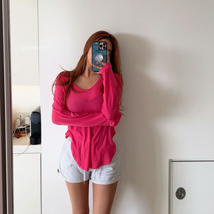 韩国东大门薄款粉色长袖，t恤女ins潮小众，设计感长款遮屁股体恤
