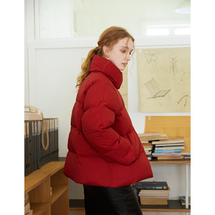 徐莫西 红色立领A字柔软羽绒服加厚保暖系扣设计感气质面包服外套