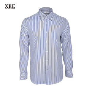 xee商场同款男士春秋季海军蓝，白竖条纹商务，休闲衬衣绅士长袖衬衫