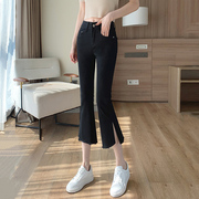 韩国黑色牛仔裤女夏季高腰修身显瘦开叉微喇裤显高薄款冰丝喇叭裤