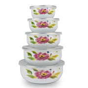 搪瓷碗带盖加厚密封套装碗盒水果花泡面五件套套装保鲜碗汤碗带盖