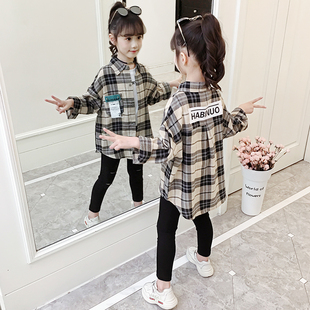 女童秋装外套2023韩版儿童中长款网红洋气，格子衬衫女孩衣服潮