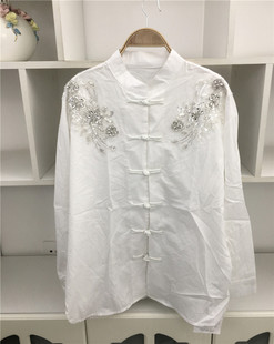 中国风新中式春季女士小立领双肩，钉珠镶钻蕾丝，旗袍扣白色衬衫衬衣
