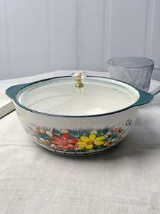 北欧风两朵花系列双耳圆形汤碗，带玻璃盖陶瓷，家用高颜值釉下彩餐具