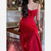 麓津自制《法式热吻》Rouge复古酒红吊带款小礼裙设计款连衣裙女