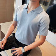 雅痞男士短袖polo衫高级感夏季帅气休闲冰丝针织衫，修身韩版v领t恤