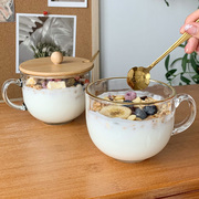 早餐燕麦杯ins风带把玻璃，水杯家用大容量，麦片牛奶杯带盖酸奶杯子