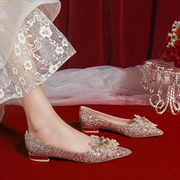 结婚鞋子女孕妇平底新娘鞋香槟色水晶公主婚纱两穿不累脚高级感